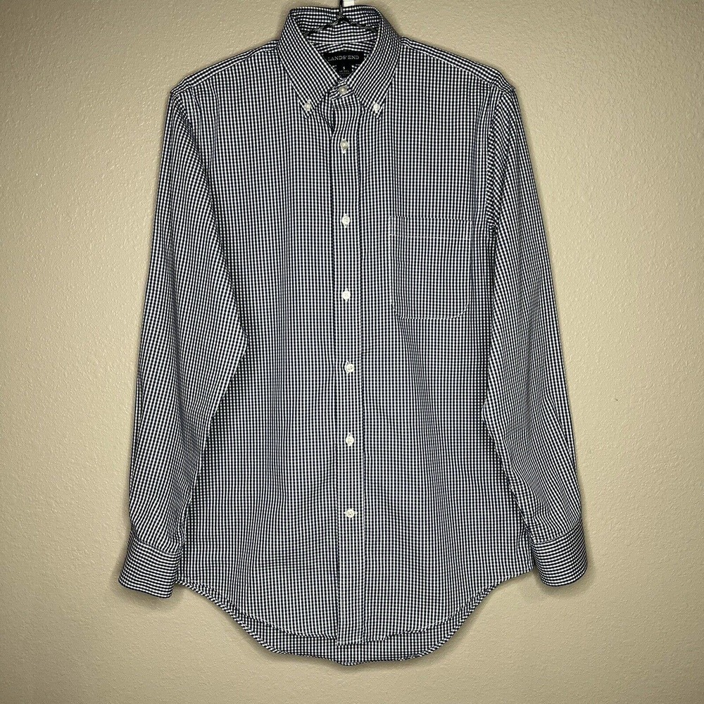 Lands' End Men's Traditional Fit Blue White Plaid Long Sleeve Button-Down Shirt